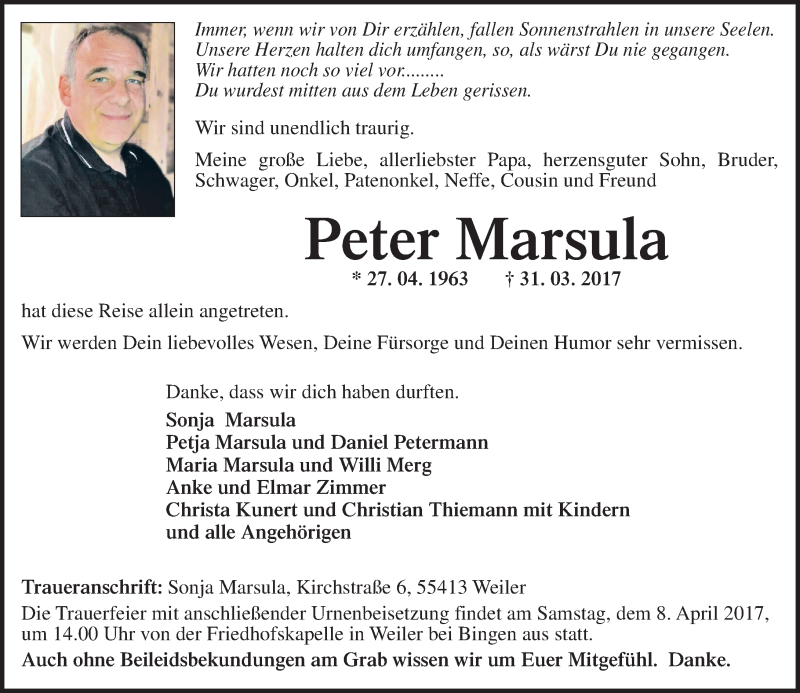  Traueranzeige für Peter Marsula vom 05.04.2017 aus Trauerportal Rhein Main Presse