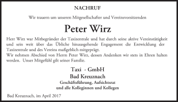Traueranzeige von Peter Wirz von Trauerportal Rhein Main Presse