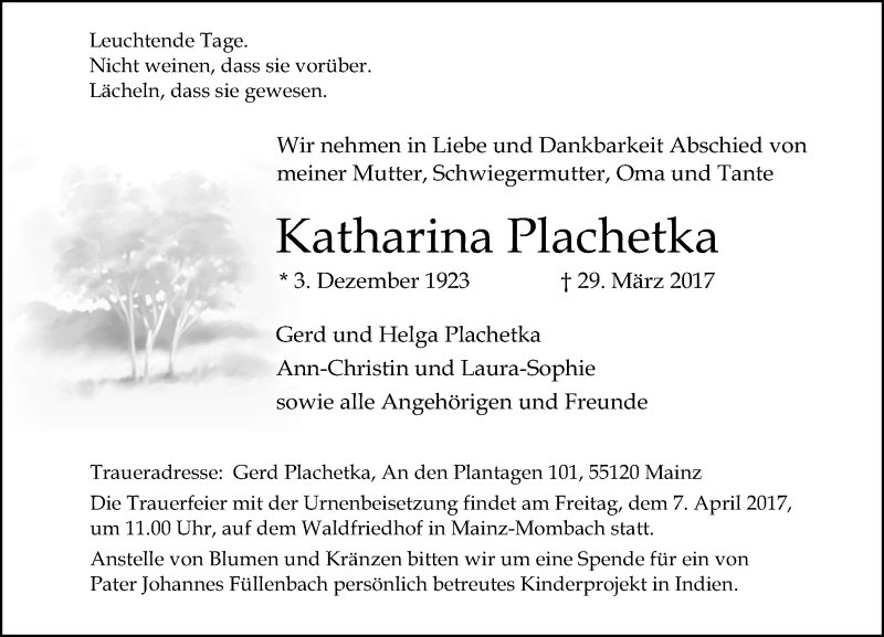  Traueranzeige für Katharina Plachetka vom 01.04.2017 aus Trauerportal Rhein Main Presse