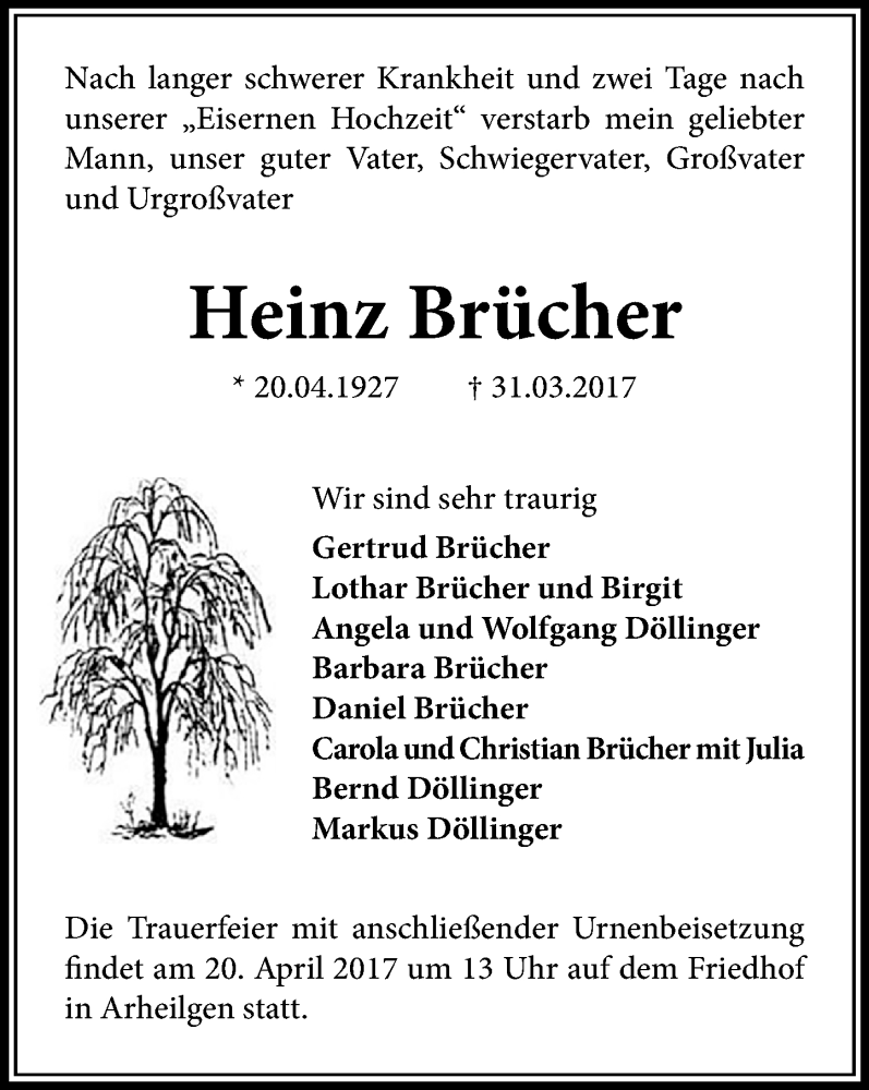  Traueranzeige für Heinz Brücher vom 13.04.2017 aus Trauerportal Echo Online