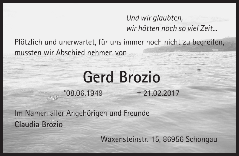  Traueranzeige für Gerd Brozio vom 01.04.2017 aus Trauerportal Rhein Main Presse