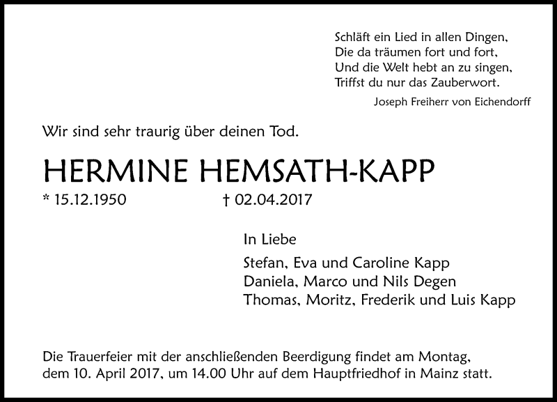  Traueranzeige für Hermine Hemsath-Kapp vom 05.04.2017 aus Trauerportal Rhein Main Presse