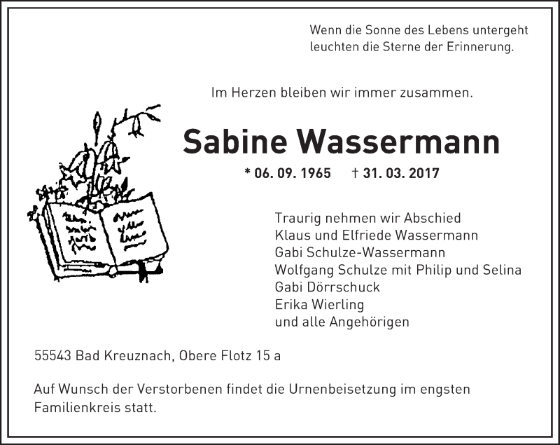  Traueranzeige für Sabine Wassermann vom 08.04.2017 aus Trauerportal Rhein Main Presse