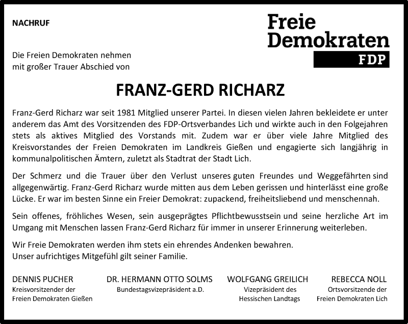  Traueranzeige für Franz-Gerd Richarz vom 11.04.2017 aus  Gießener Anzeiger