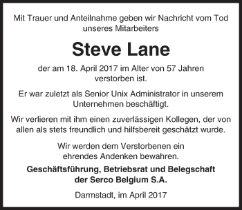 Traueranzeige von Steve Lane von Trauerportal Echo Online