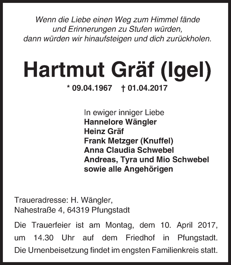  Traueranzeige für Hartmut Gräf vom 08.04.2017 aus Trauerportal Echo Online