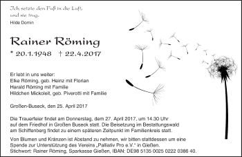 Traueranzeige von Rainer Röming von  Gießener Anzeiger