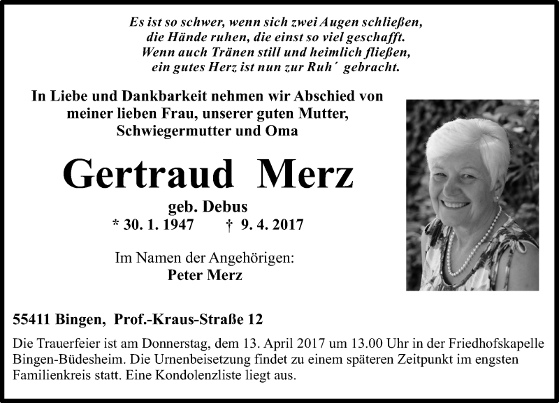  Traueranzeige für Gertraud Merz vom 11.04.2017 aus Trauerportal Rhein Main Presse