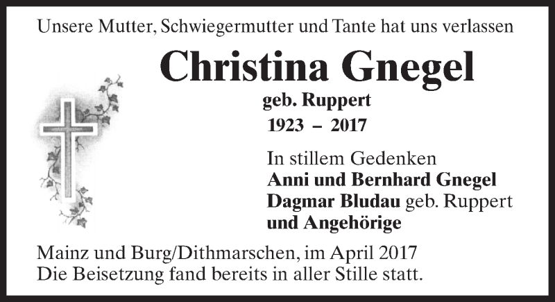  Traueranzeige für Christina Gnegel vom 27.04.2017 aus Trauerportal Rhein Main Presse