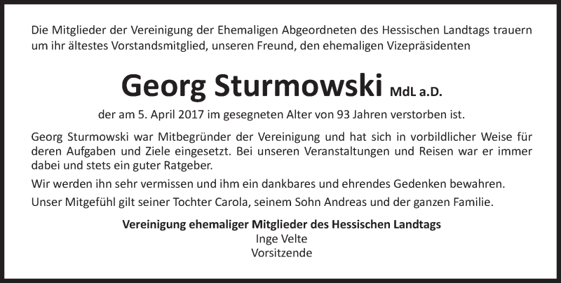  Traueranzeige für Georg Sturmowski vom 12.04.2017 aus Trauerportal Echo Online