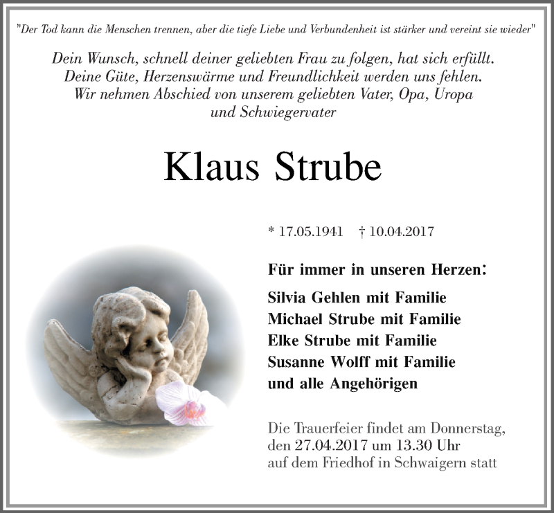  Traueranzeige für Klaus + Barbara Strube vom 22.04.2017 aus Trauerportal Rhein Main Presse