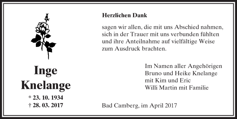  Traueranzeige für Inge Knelange vom 13.04.2017 aus  Camberger Anzeiger