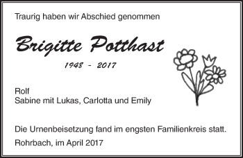 Traueranzeige von Brigitte Potthast von  Kreisanzeiger