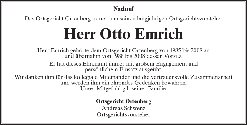  Traueranzeige für Otto Emrich vom 06.04.2017 aus  Kreisanzeiger