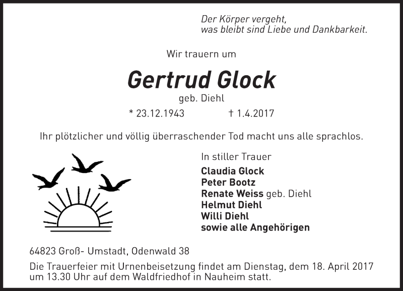  Traueranzeige für Gertrud Glock vom 13.04.2017 aus Trauerportal Echo Online
