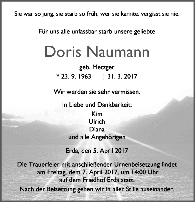  Traueranzeige für Doris Naumann vom 05.04.2017 aus  Gießener Anzeiger