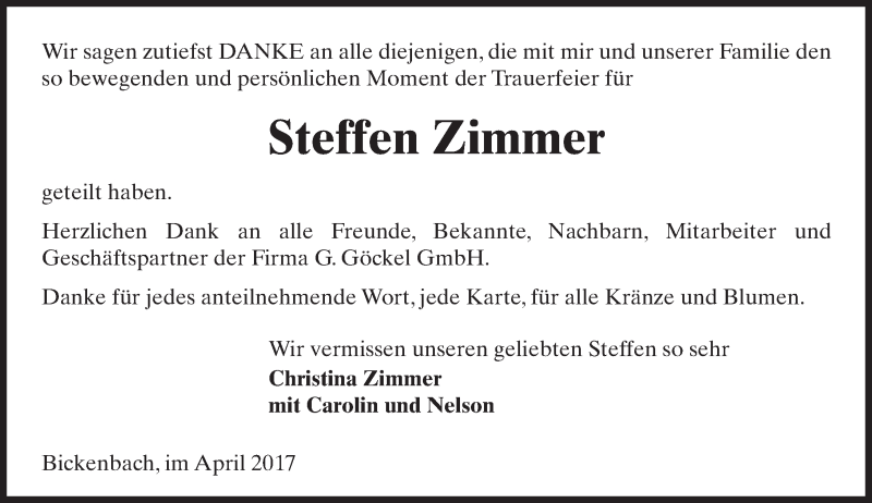  Traueranzeige für Steffen Zimmer vom 29.04.2017 aus Trauerportal Echo Online