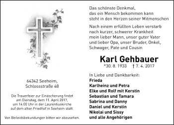Traueranzeige von Karl Gehbauer von Trauerportal Echo Online
