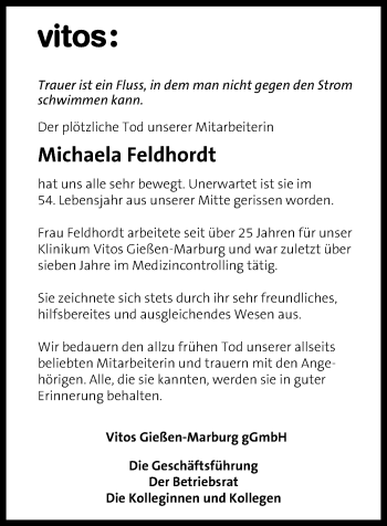 Traueranzeige von Michaela Feldhordt von  Gießener Anzeiger
