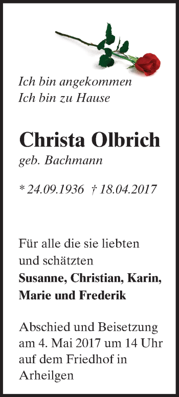 Traueranzeige von Christa Olbrich von Trauerportal Rhein Main Presse