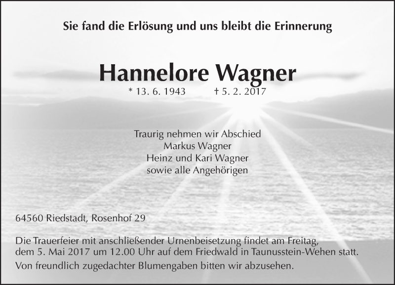  Traueranzeige für Hannelore Wagner vom 29.04.2017 aus Trauerportal Rhein Main Presse