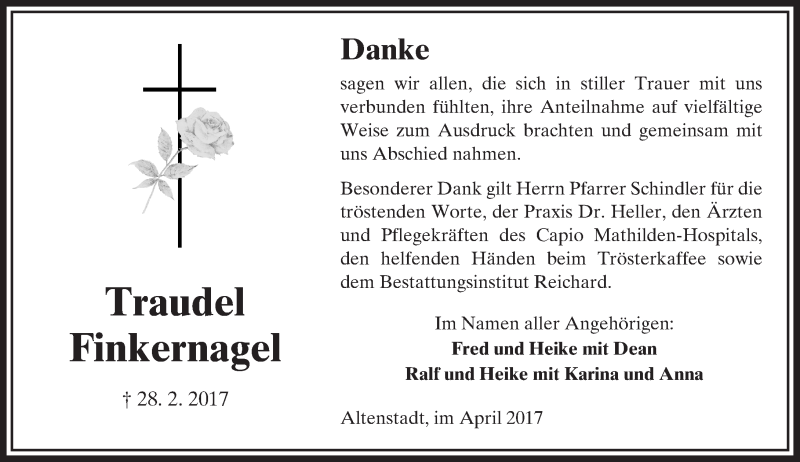  Traueranzeige für Traudel Finkernagel vom 01.04.2017 aus  Kreisanzeiger