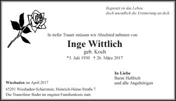 Traueranzeige von Inge Wittlich von Trauerportal Rhein Main Presse