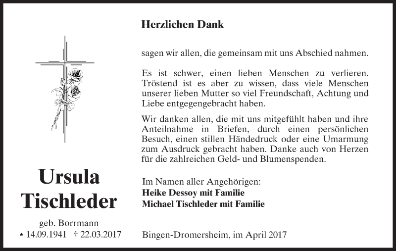  Traueranzeige für Ursula Tischleder vom 29.04.2017 aus Trauerportal Rhein Main Presse