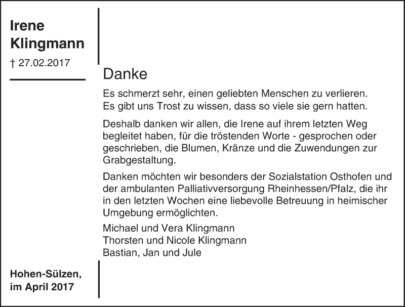  Traueranzeige für Irene Klingmann vom 06.04.2017 aus Trauerportal Rhein Main Presse
