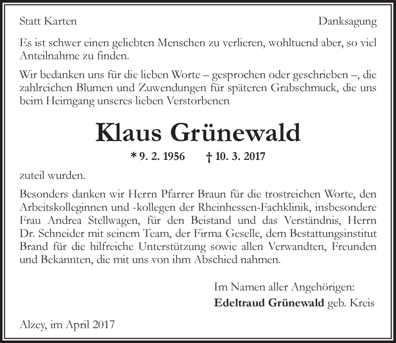  Traueranzeige für Klaus Grünewald vom 05.04.2017 aus Trauerportal Rhein Main Presse