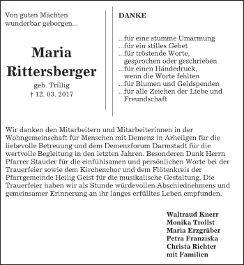Traueranzeige von Maria Rittersberger von Trauerportal Echo Online