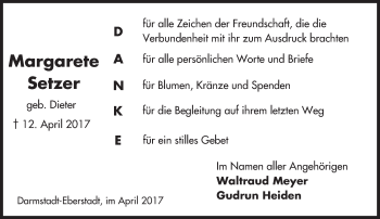 Traueranzeige von Margarete Setzer von Trauerportal Echo Online