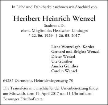 Traueranzeige von Heribert Heinrich Wenzel von Trauerportal Echo Online