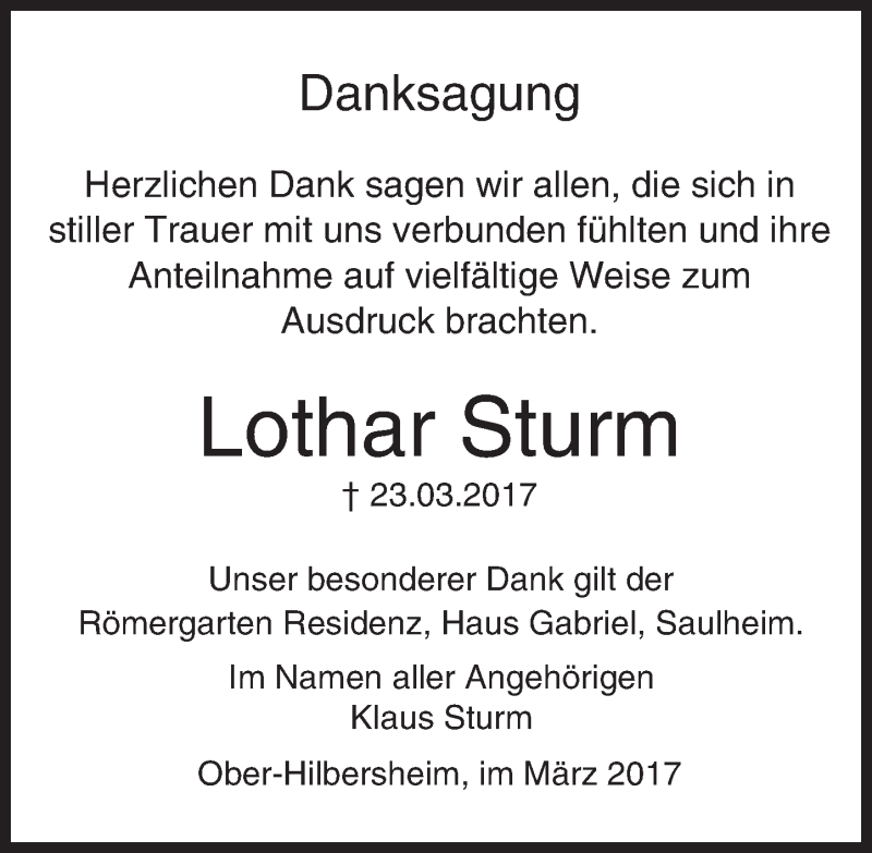  Traueranzeige für Lothar Sturm vom 29.04.2017 aus Trauerportal Rhein Main Presse