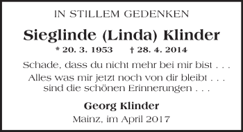 Traueranzeige von Sieglinde Klinder von Trauerportal Rhein Main Presse