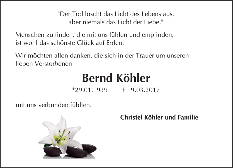  Traueranzeige für Bernd Köhler vom 08.04.2017 aus Trauerportal Echo Online