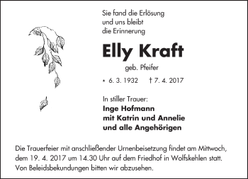 Traueranzeige von Elly Kraft von Trauerportal Echo Online