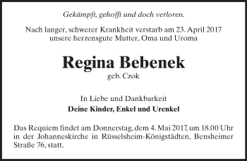 Traueranzeige von Regina Bebenek von Trauerportal Rhein Main Presse