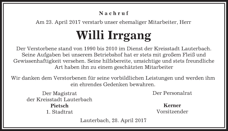  Traueranzeige für Willi Irrgang vom 28.04.2017 aus VRM Trauer