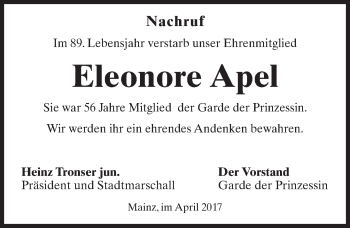 Traueranzeige von Eleonore Apel von Trauerportal Rhein Main Presse