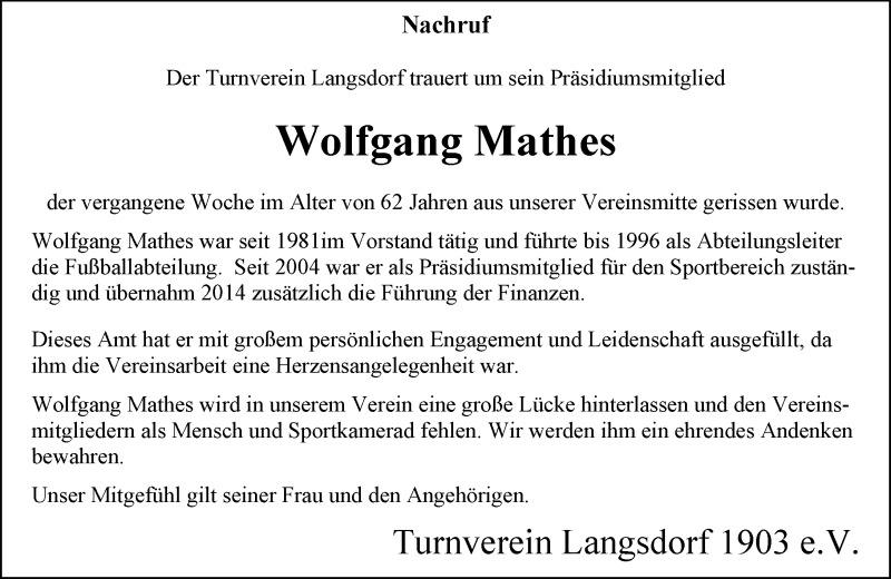  Traueranzeige für Wolfgang Mathes vom 15.04.2017 aus  Gießener Anzeiger