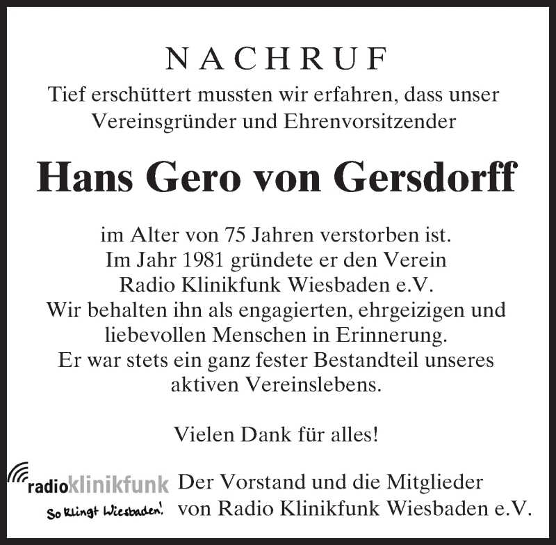  Traueranzeige für Hans Gero  von Gersdorff vom 19.04.2017 aus Trauerportal Rhein Main Presse