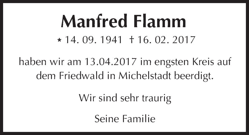  Traueranzeige für Manfred Flamm vom 28.04.2017 aus 