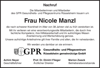 Traueranzeige von Nicole Manzl von Trauerportal Rhein Main Presse