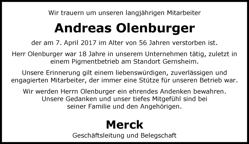  Traueranzeige für Andreas Olenburger vom 12.04.2017 aus Trauerportal Echo Online