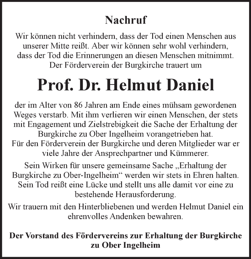  Traueranzeige für Helmut Daniel vom 08.04.2017 aus Trauerportal Rhein Main Presse