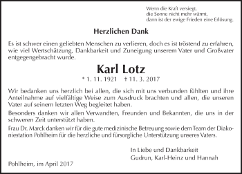 Traueranzeige von Karl Lotz von  Gießener Anzeiger