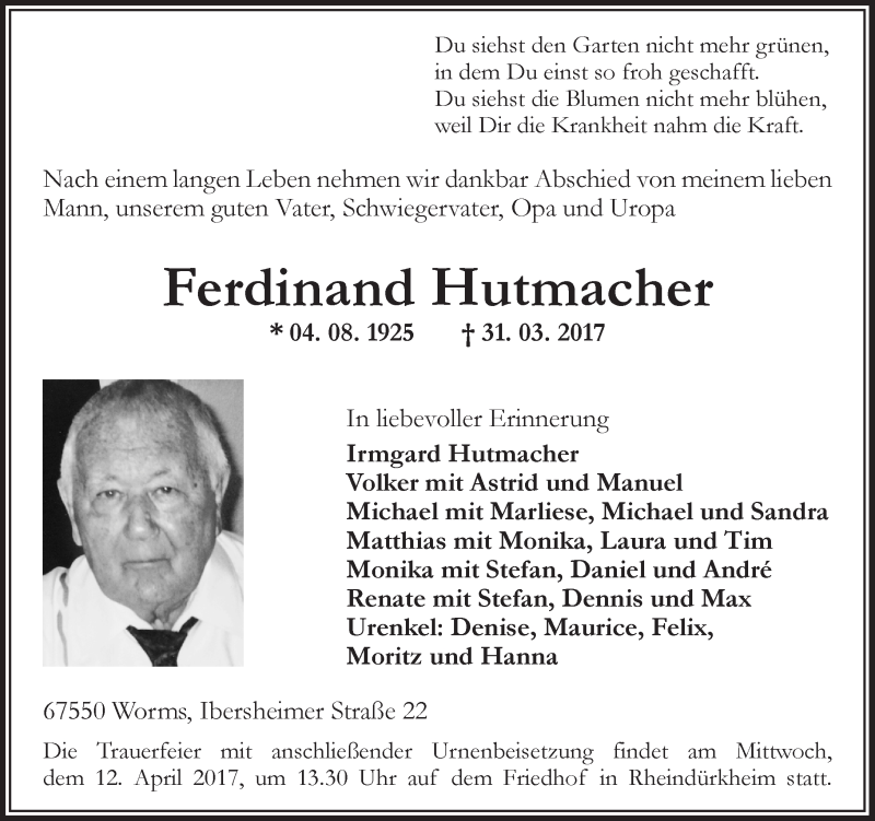  Traueranzeige für Ferdinand Hutmacher vom 08.04.2017 aus Trauerportal Rhein Main Presse