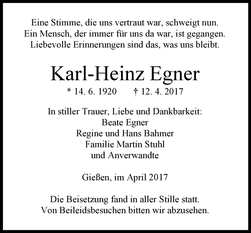  Traueranzeige für Karl-Heinz Egner vom 29.04.2017 aus  Gießener Anzeiger