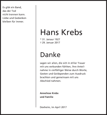 Traueranzeige von Hans Krebs von Trauerportal Rhein Main Presse